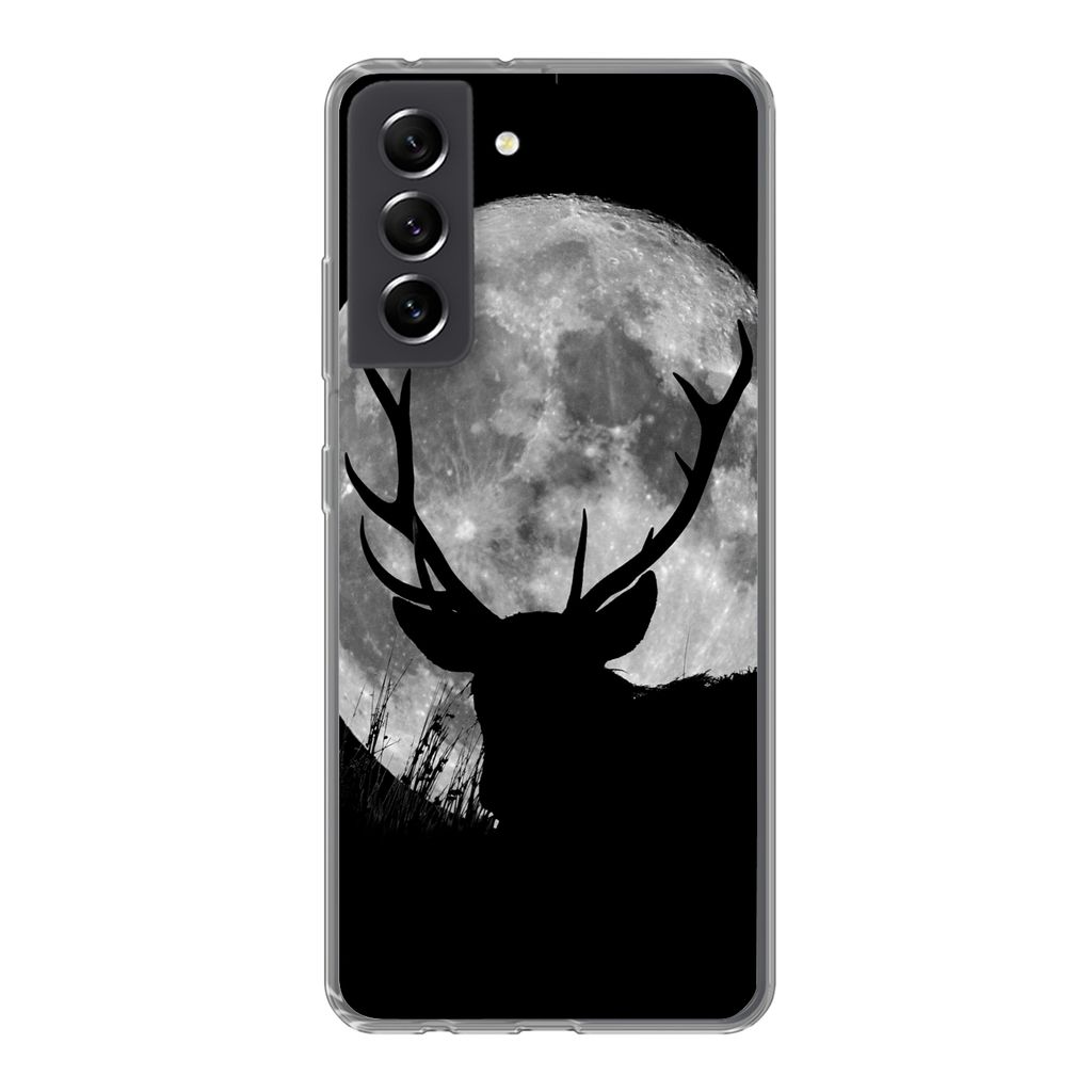 MuchoWow Handyhülle Schutzhülle Hülle für Samsung Galaxy S21 FE Hirsch - Mond - Nacht Silikon Softcase Handy Hülle - Mobiltelefonhülle