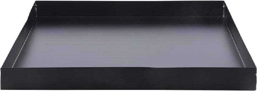 A black square metal tray with raised edges, shown from a slightly elevated angle against a white background.