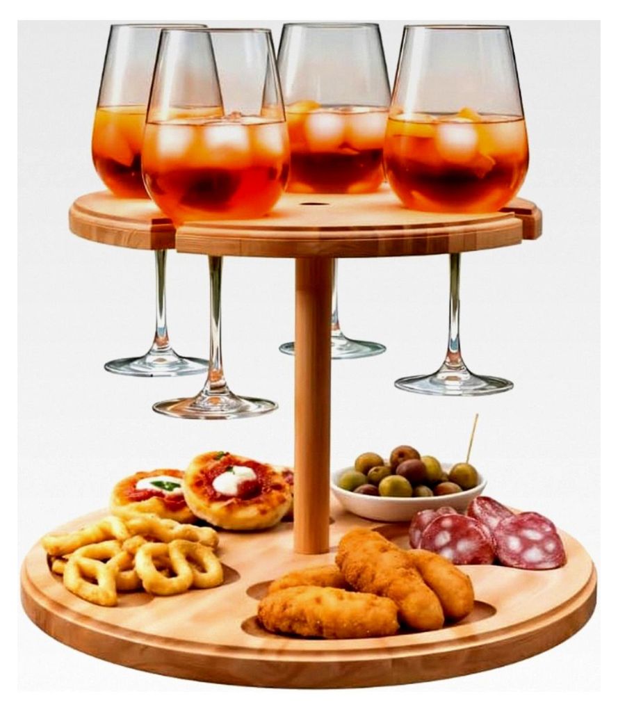 Etagere mit 4 Gläsern, Aperitif-Tablett, 2 Etagen, 4 Ablagefächer für Gläser, 100% Buchenholz, Maße: 32,5 x 23 cm
