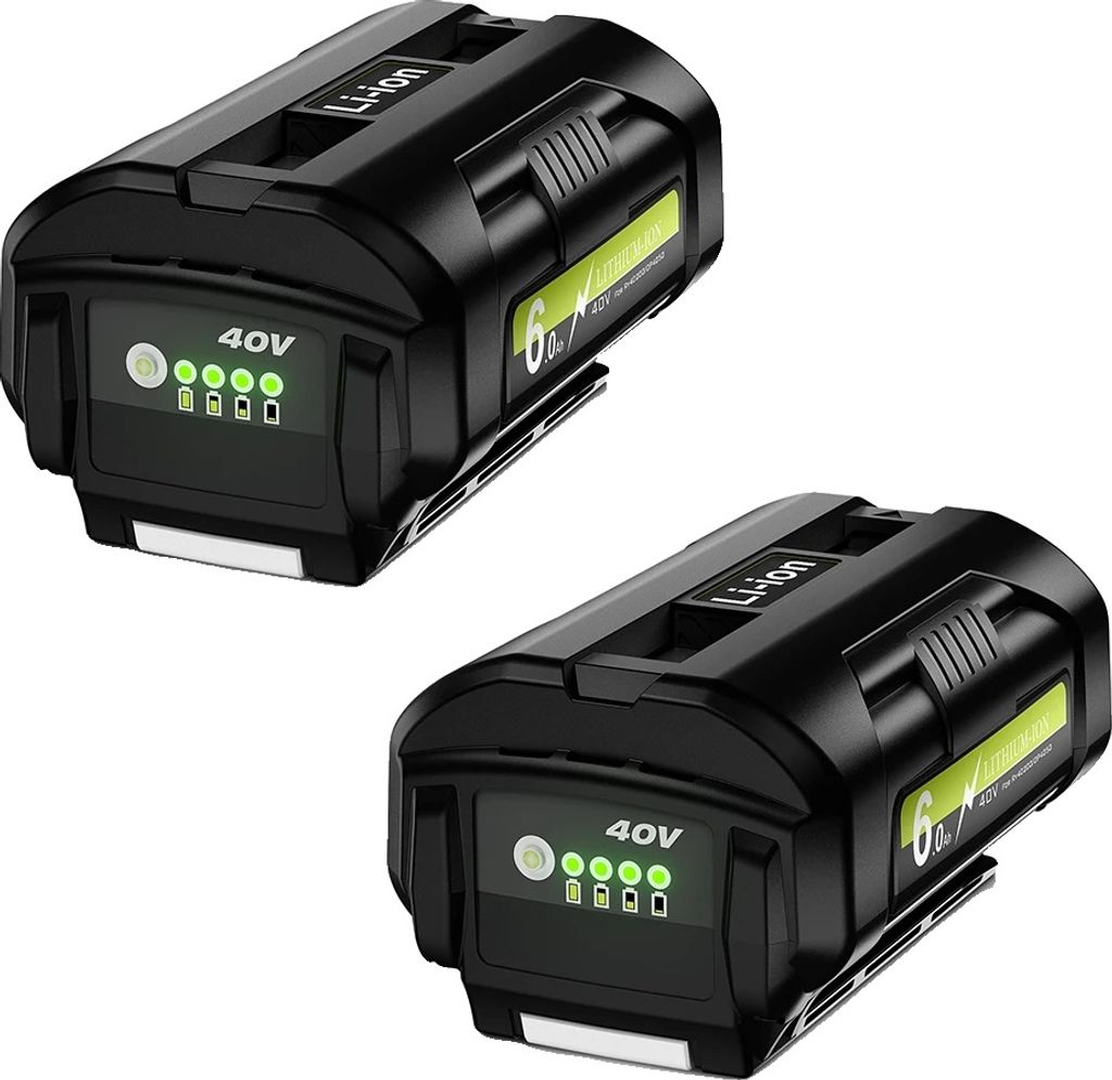 Two black lithium-ion batteries with green indicator lights and text.