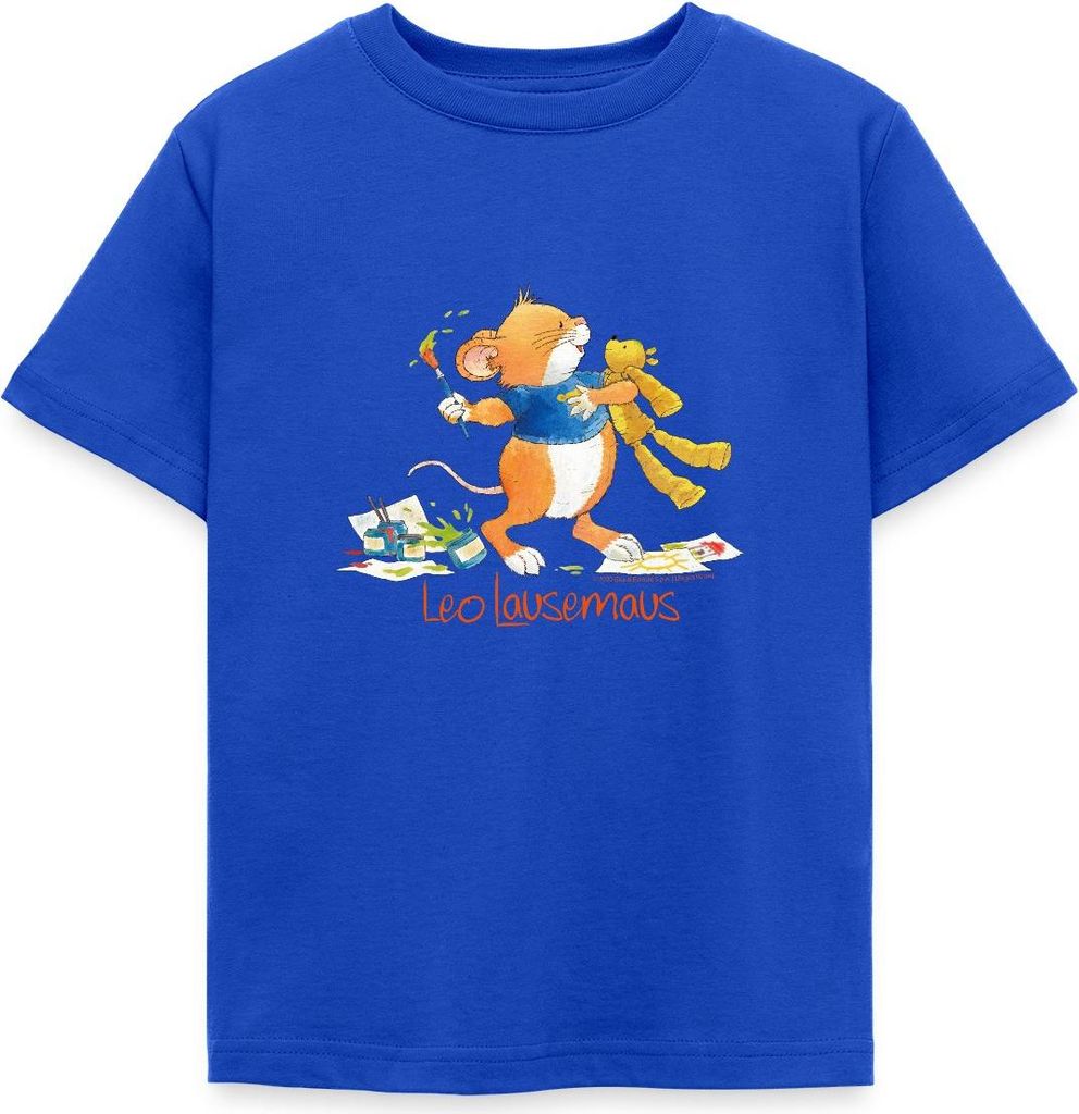 Spreadshirt Leo Lausemaus Malen mit Teddy Kinder T-Shirt, 98/104 (3-4 Jahre), Royalblau