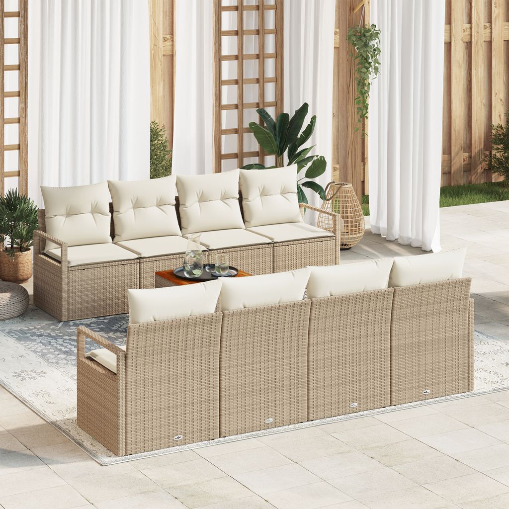 9-teiliges Garten Sofa Set mit Kissen Beige Poly Rattan Akazie, Gartensofas DesignMöbel Neu