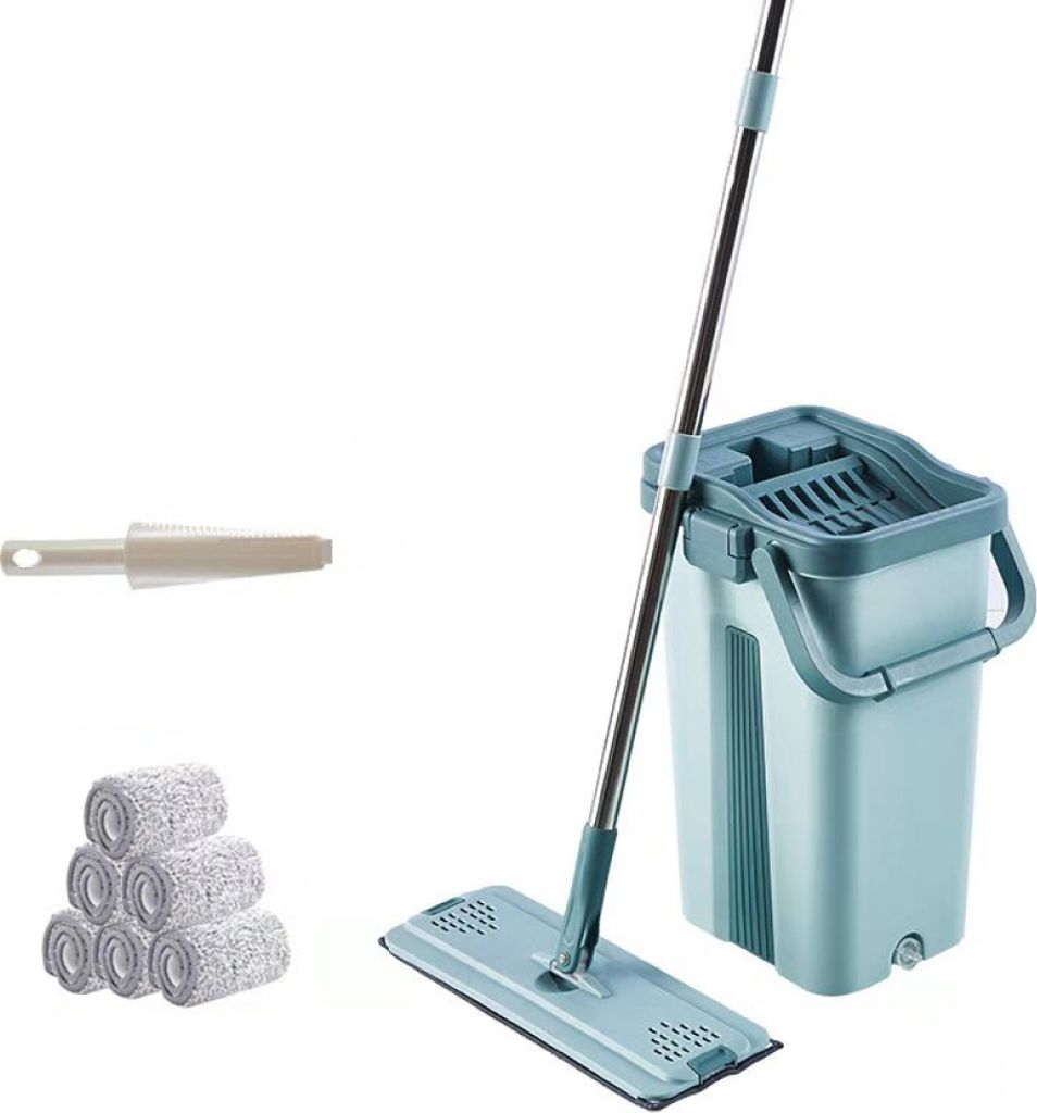Flachmopp mit Eimer, Flachmopp mit 6 Mikrofaser-Wischbezügen