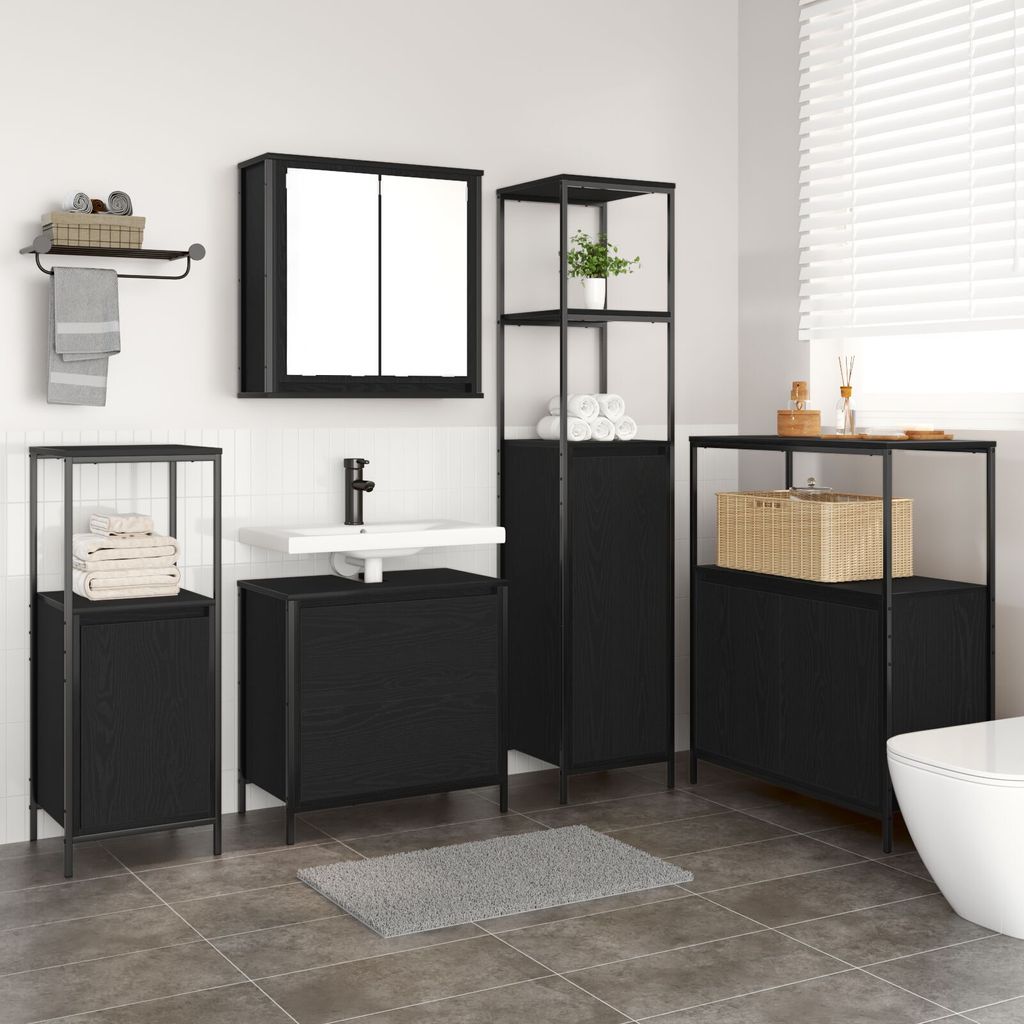 Möbel 5-tlg. Badmöbel-Set Schwarz Eiche Holzwerkstoff - Produktbild 