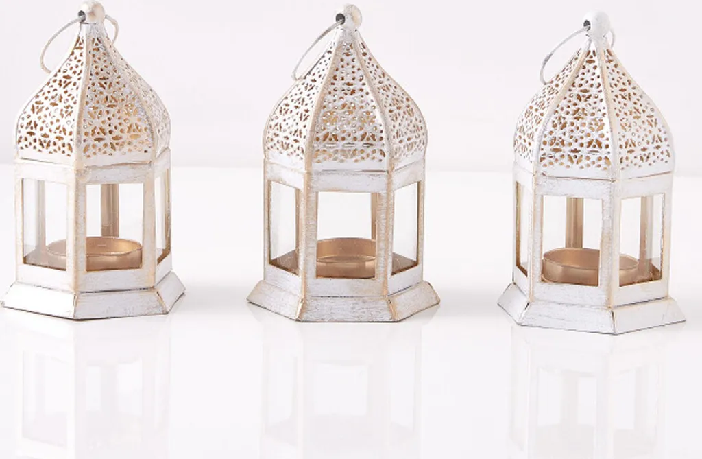 Suraya Set con 3 lanterne orientali in stile shabby chic bianco