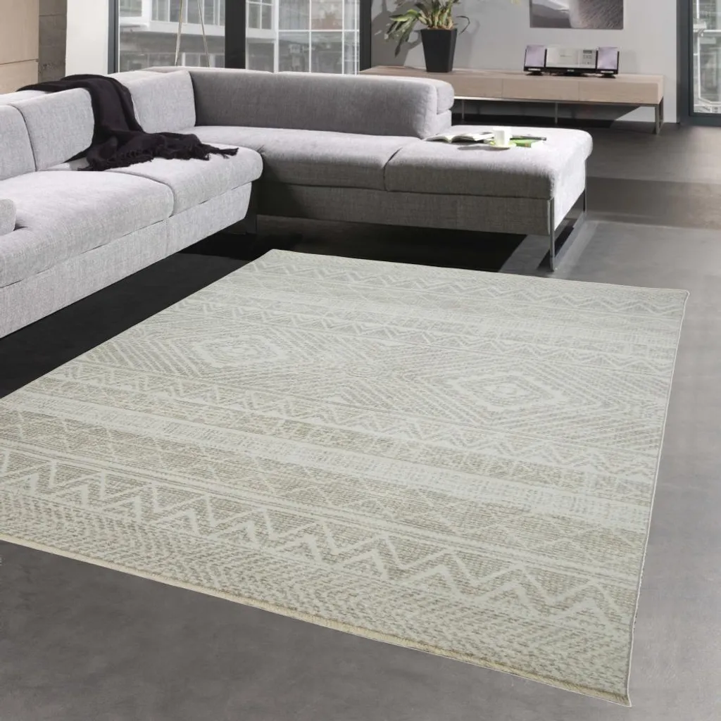 Grand tapis de chambre crème à motifs géométriques - Douceur 120x170