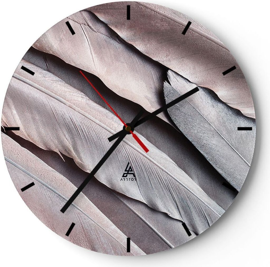 Wanduhr - Rund - Glasuhr - Federn Flügel Feder - 30x30cm - Schleichendes Uhrwerk - Lautlos - zum Aufhängen bereit - Dekoration Modern - Wanddekor...
