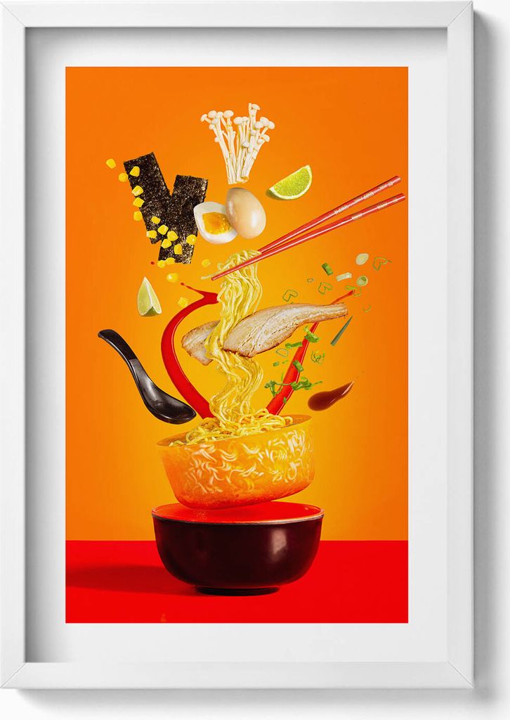 Illustration einer Ramen-Suppe - Küchenmotiv– Wandbild mit Rahmen – Gerahmtes Bild – Wanddekoration – 40x60 cm – Weiß