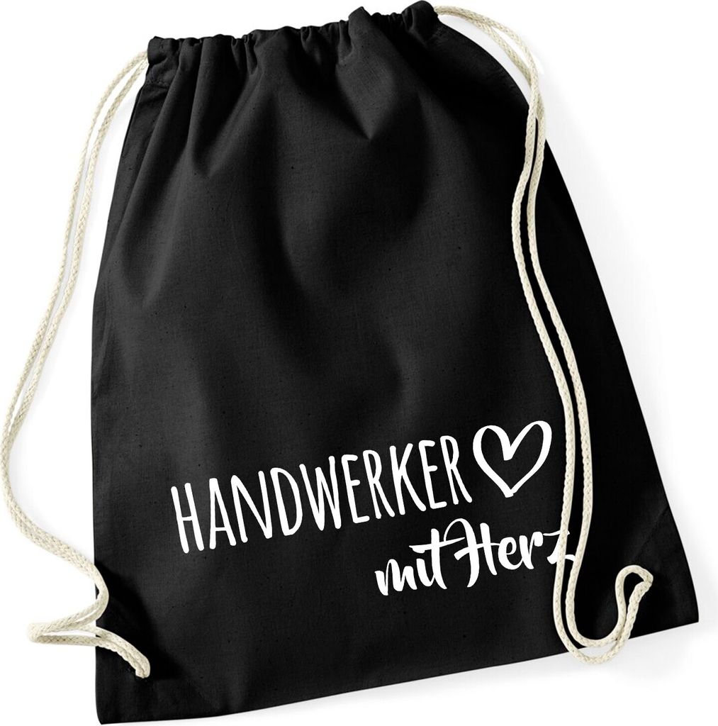 Huuraa Turnbeutel Handwerker mit Herz 12 Liter Black Baumwolle Rucksack Geschenkidee