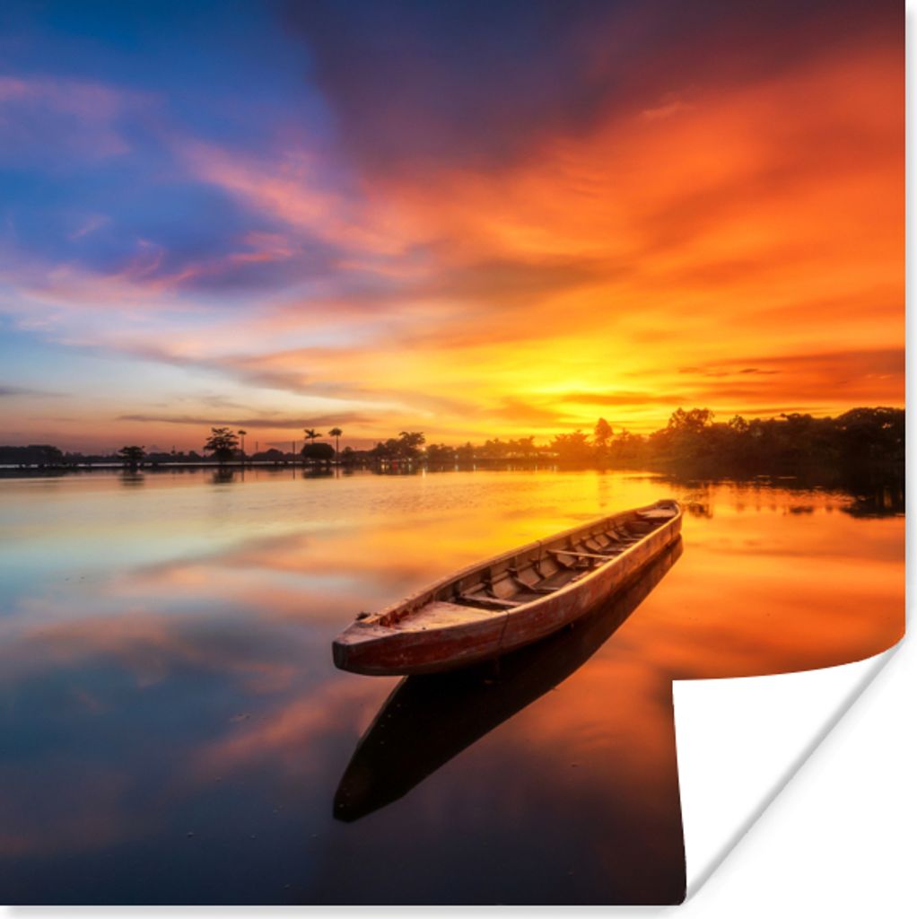 MuchoWow Poster Boot - Wasser - Sonnenuntergang - Orange - Wasser 75x75 cm - Wand Dekoration