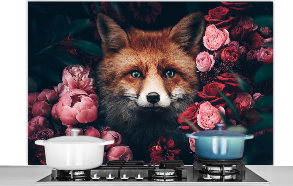 KitchenYeah Spritzschutz Küche - Küchenrückwand - Wandschutz für Herd und Spüle - Fuchs - Blumen - Tiere 120x80 - Alu-Dibond (Alternative zu...