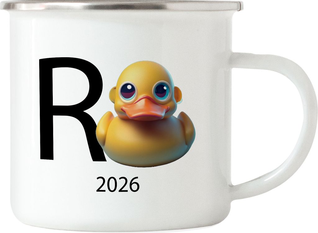 R Ente 2026 Emaille Tasse Rente Geschenk Ruhestand Quietscheente Wortwitz