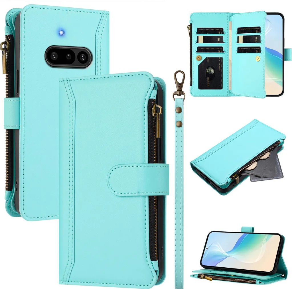 Custodia per Nothing Phone 3A, con cerniera, portafoglio Custodia flip in Finto cuoio con tasche per carte, supporto e passante verde menta