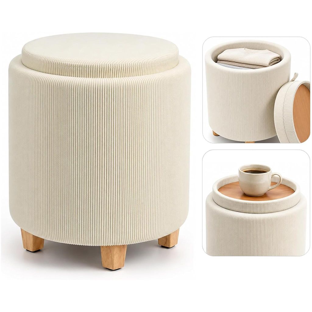 Runder Sitzhocker mit Stauraum, Cord Polsterhocker mit Produktbild 