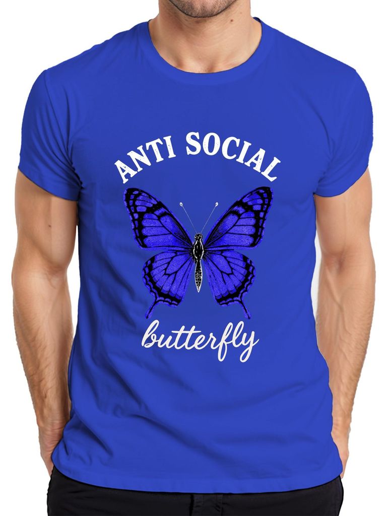 ANTI SOCIAL butterfly introvertiert Geschenk Geburtstag Retro Herren T-Shirt, Blau, L