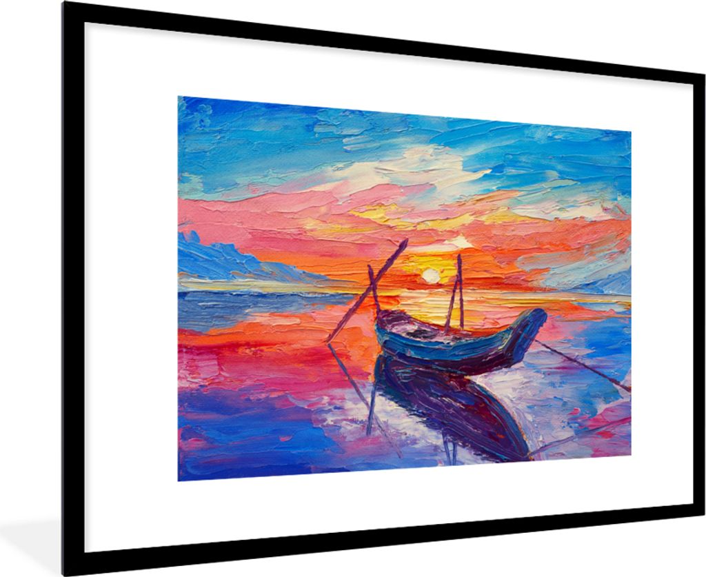 MuchoWow Gerahmtes Poster Malerei - Boot - Ölfarbe - Wasser 90x60 cm - Poster mit Schwarzem Bilderrahmen Wandposter Rahmen Foto Bilder - Wanddek...