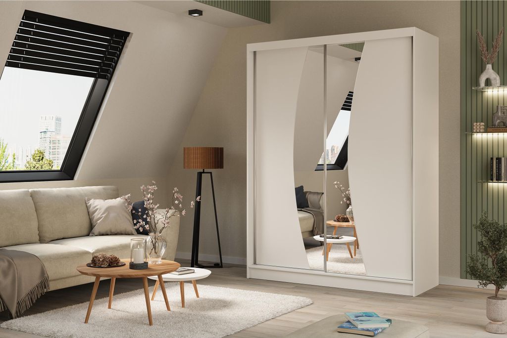 Schiebetürenschrank 160 cm Flow mit dekorativem Spiegel Weißer Kleiderschrank mit Schiebetüren und Spiegel Moderner Kleiderschrank mit Regalen u...
