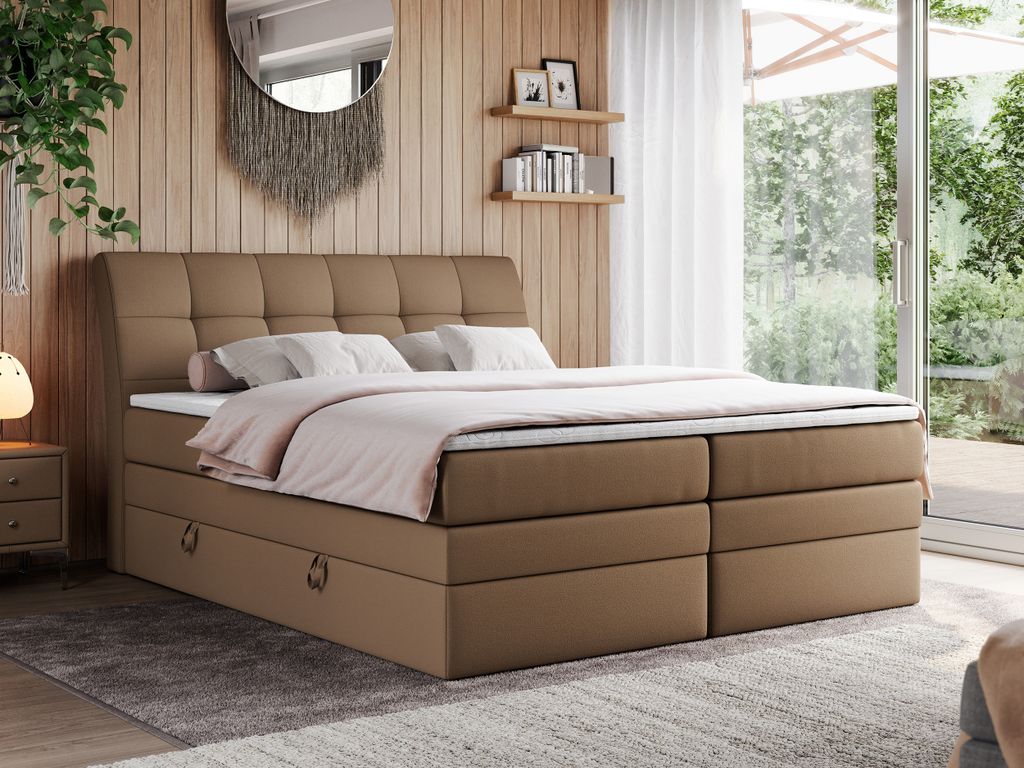 Boxspringbett Polsterbett mit Bettkästen Multipcket Matratze Doppelbett Kopfteil - GOLD 10 KING - 120x200 - Braun Kunstleder - H3