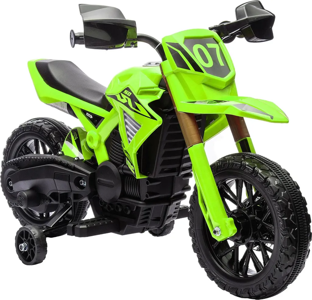 Moto enfant verte avec châssis métallique et roues stables - Max 30kg
