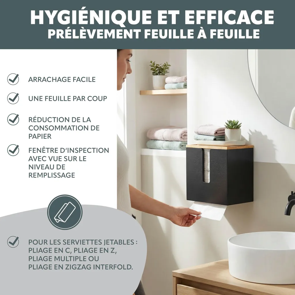 Distributeur de serviettes mural noir en bambou avec couvercle protecteur - 3