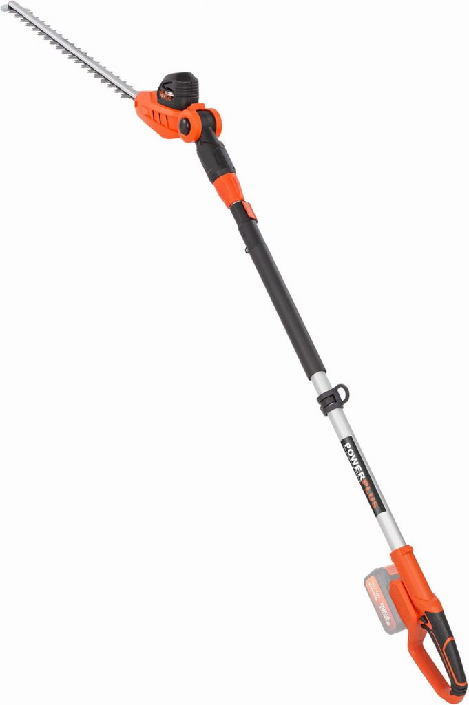 A cordless pole hedge trimmer on a white background.