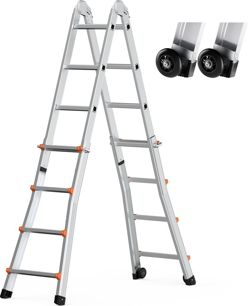 A silver, multi-purpose A-frame ladder with orange accents and black wheels, shown against a white background.