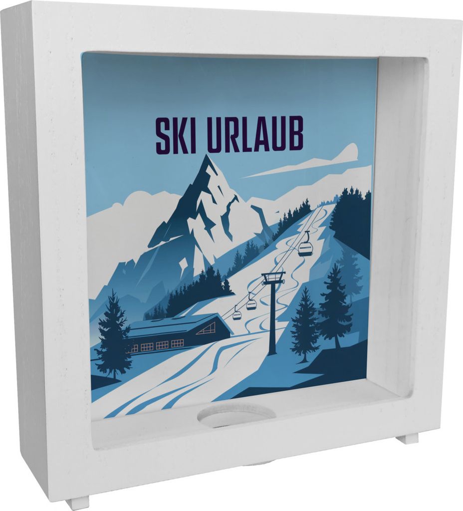 Berglandschaft Skipiste - Ski Urlaub Rahmen Spardose aus Holz