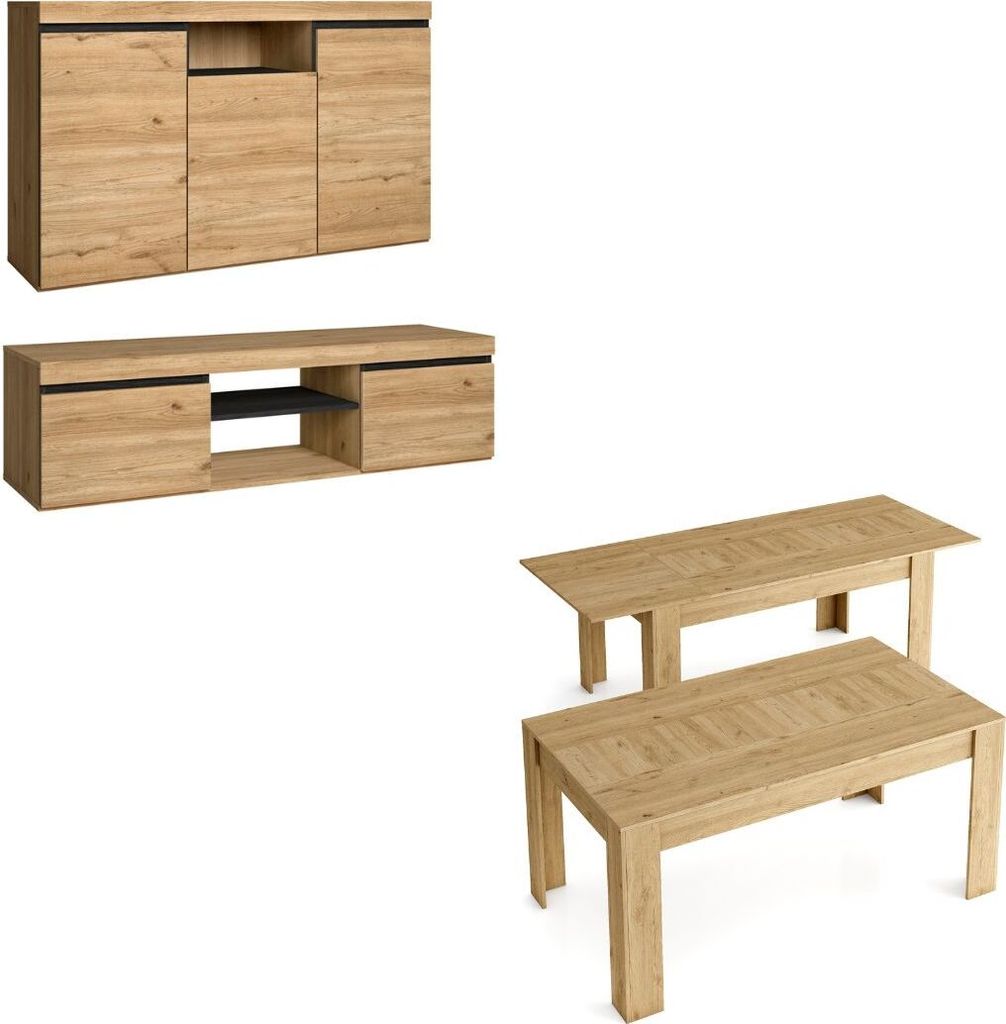 Set Naturale Esszimmer, Esszimmermöbel, Sideboard-TV-Stand 140cm--Ausziehtisch Eiche/Schwarz