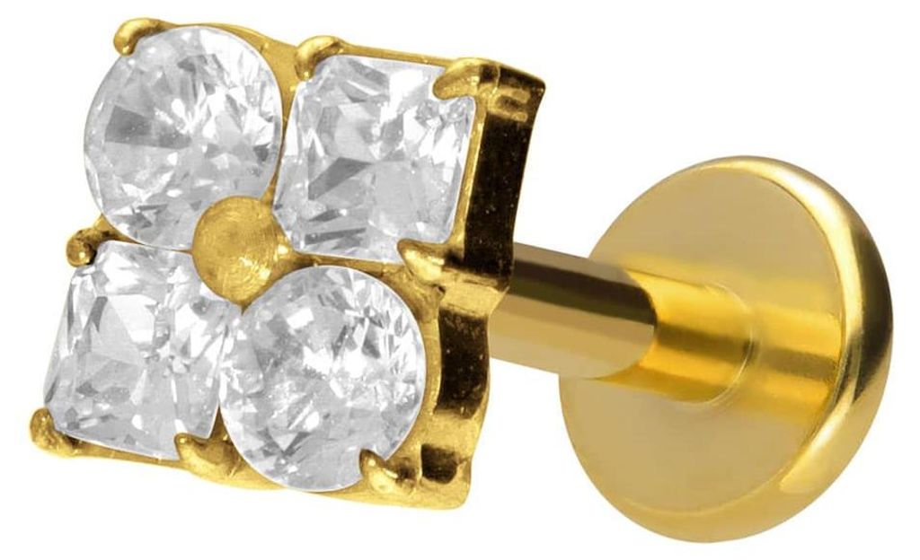 Ohrpiercing, Nasenpiercing Titan Labret mit Innengewinde KRISTALLBLUME Gold Stablänge: 8mm | Stabstärke: 1,6mm