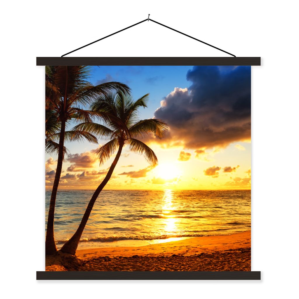 MuchoWow Textilposter Strand - Horizont - Sonnenuntergang - Palme - Meer 60x60 cm mit schwarzem Rahmen - Posteraufhänger
