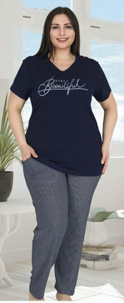 Damen Große Größen Pyjama Marineblau 3XL Kurz Baumwolle Schlafanzug 2-Teiler Set L-44