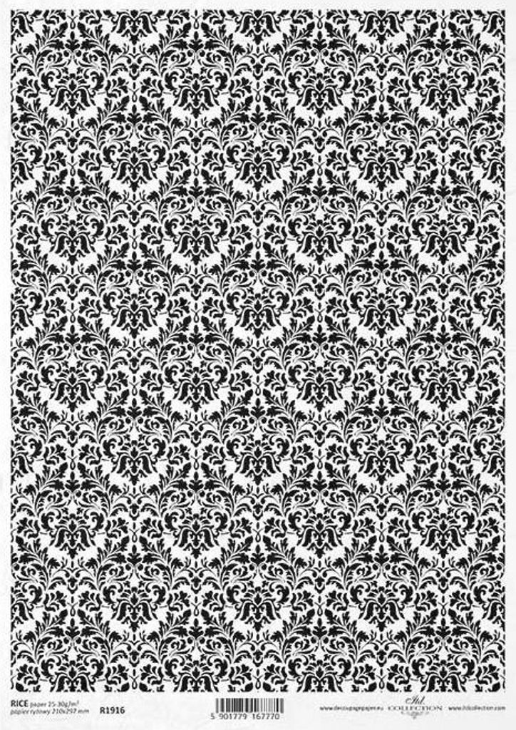 ITD Reispapier Decoupage Bastelpapier Serviettentechnik, R1916 Damast, schwarz und weiß