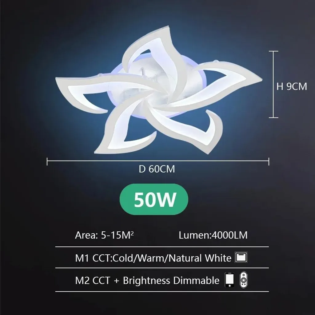 Plafonnier LED Design Lotus avec Télécommande et Rétro-éclairage 5 Têtes