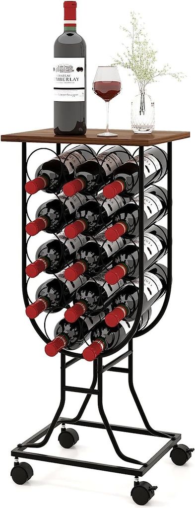 Weinregal für 14 Flaschen mit abschliessbaren Raedern, Weinregal aus Metall mit Holzoberflaeche, Weinregal im rustikalen Stil für Bar, Küche, Es...