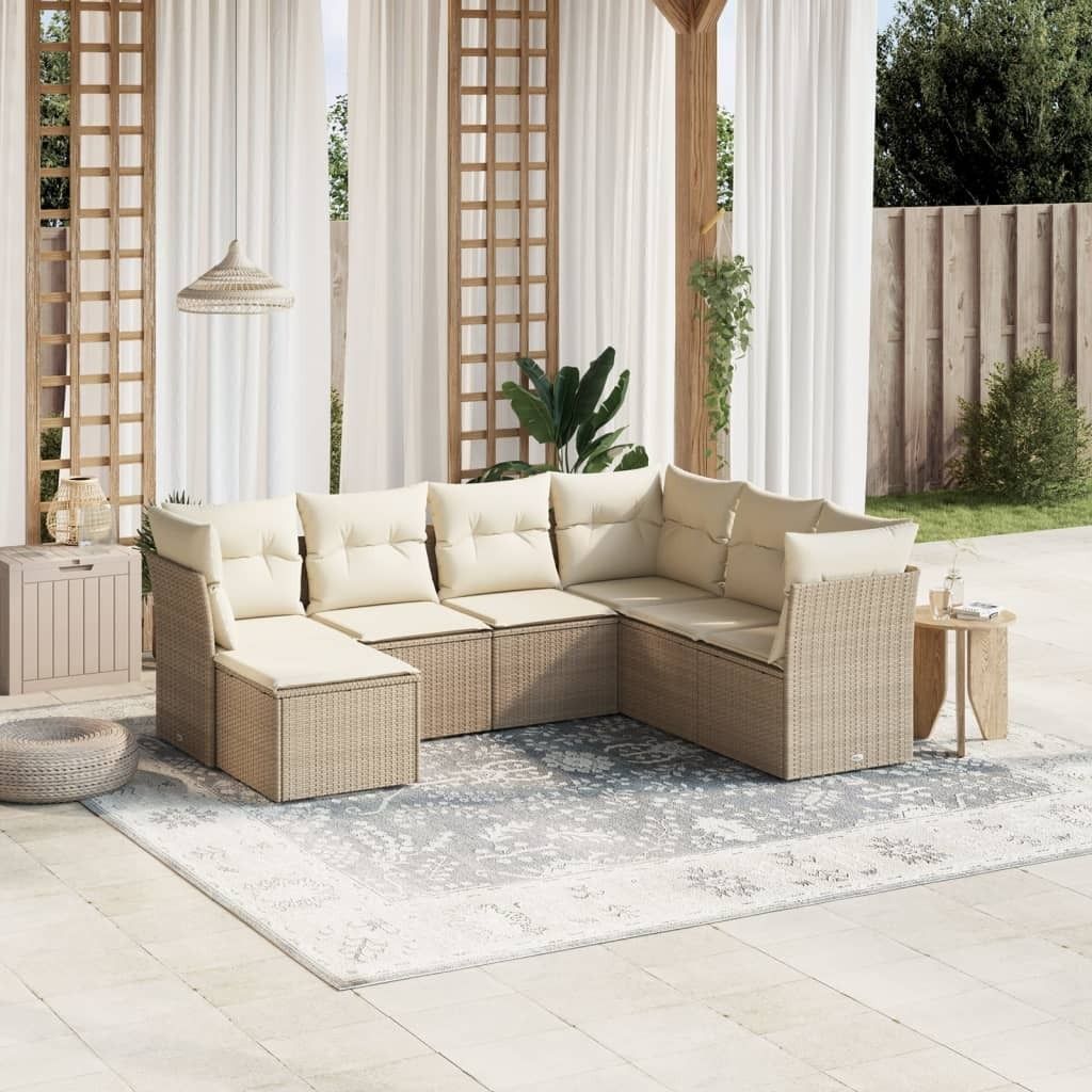 Ankonbej 7-tlg. Garten-Sofagarnitur mit Kissen Beige Poly Rattan