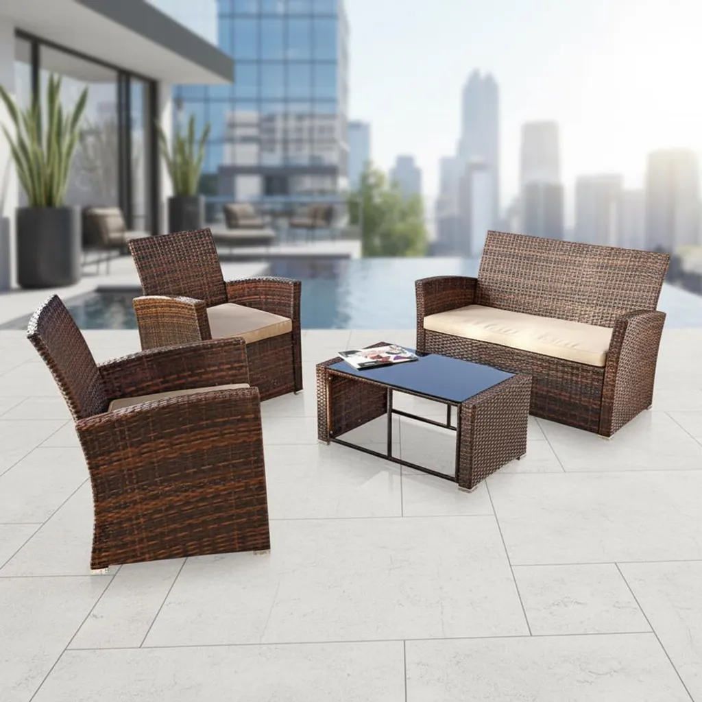 Ensemble repas et détente de jardin en polyrotin brun - Set Lounge 4pcs