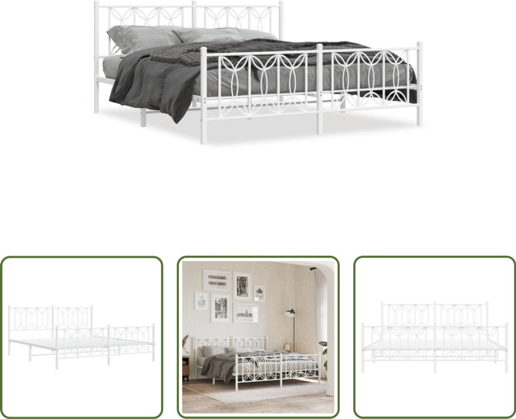 The Living Store Bettgestell mit Kopf- und Fußteil Metall Weiß 183x213 cm