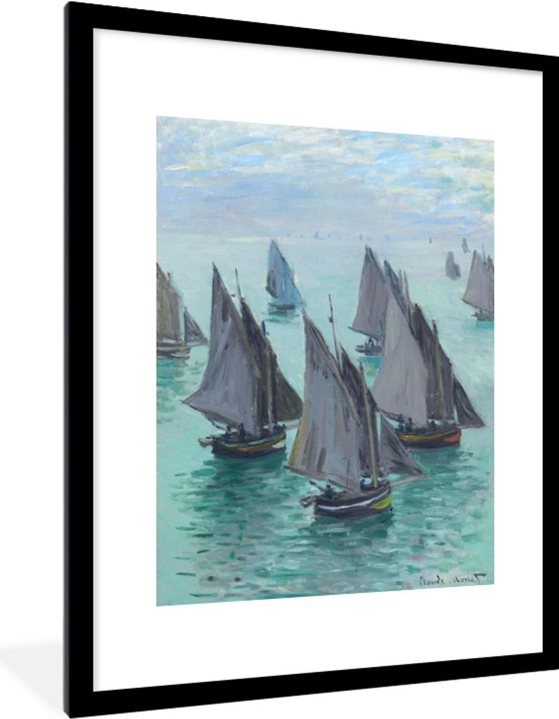 MuchoWow Gerahmtes Poster Fischerboote, ruhige See - Claude Monet Gemälde 60x80 cm - Poster mit Schwarzem Bilderrahmen Wandposter Rahmen Foto Bi...
