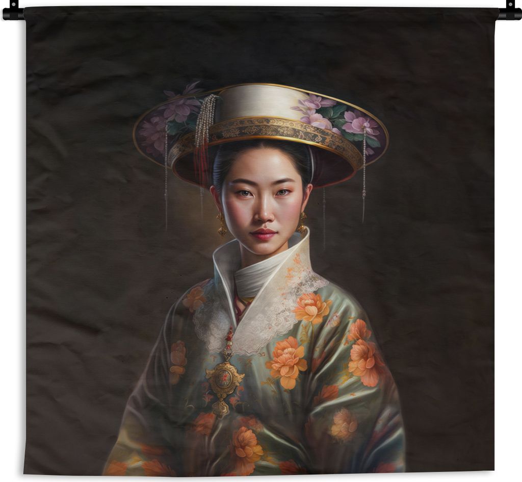 MuchoWow Wandteppich Wandbehang Frauen - Asiatisch - Blumen - Porträt 60x60 cm Tapisserie Dekoration Wandtuch - Dekorationen - Wand Decke
