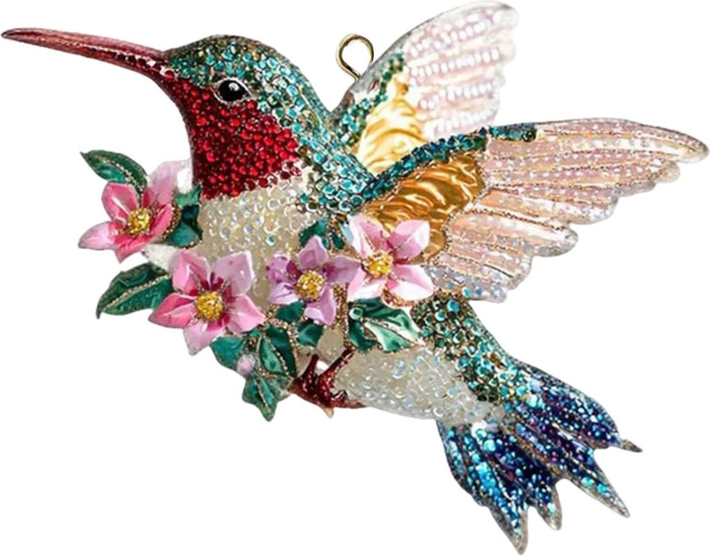 Kolibri-Weihnachtsbaumschmuck mit Glitzer-Strasssteinen, floraler Kolibri-Anhänger für den Weihnachtsbaum, 2D-Acryl-Erinnerungsstück, Geschenk f...