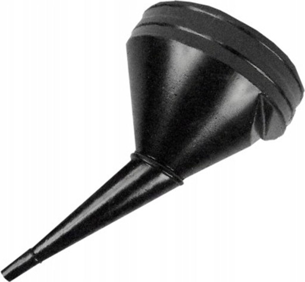 A black funnel with a narrow spout and a ribbed top is shown against a white background.