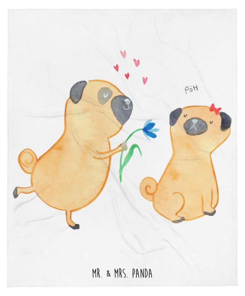 Mr. & Mrs. Panda Bettdecke Mops Verliebt - Weiß - Geschenk, Kuscheldecke, Hund, Decke, Flauschige, Tagesdecke, Sprüche, Knuffig, Plaid, Freund
