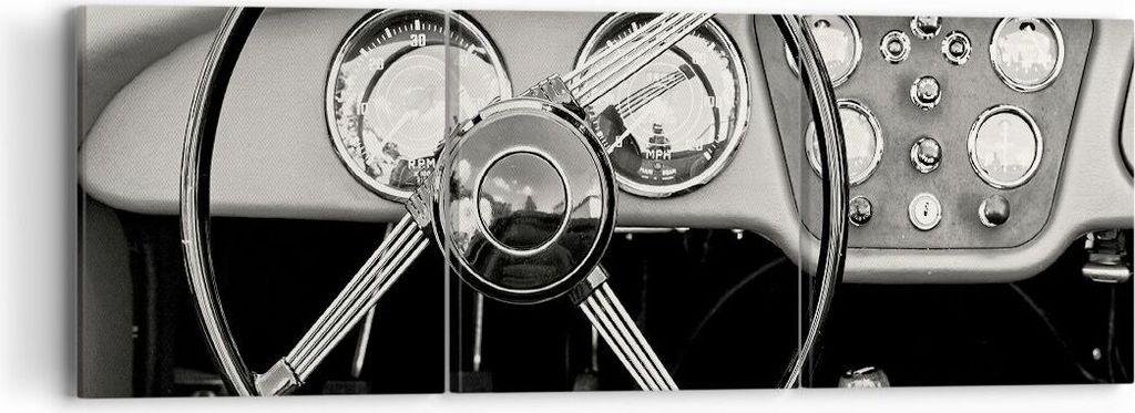 Bild auf Leinwand - Leinwandbild - 3 Teile - Lenkrad Auto Vintage - 90x30cm - Wand Bild - Wanddeko - Wandbilder - Leinwanddruck - Bilder - Wanddeko...