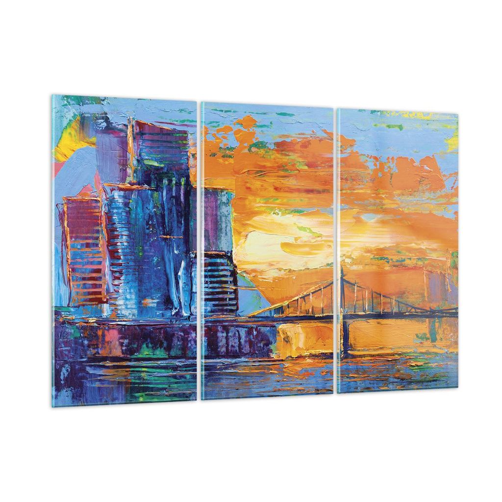 Bilder auf glas - 3 Teile - Stadt Brücke pastos - 105x70cm - Glasbilder - Wandbilder - Bilder - zum Aufhängen bereit - Wanddekoration aus Glas - ...