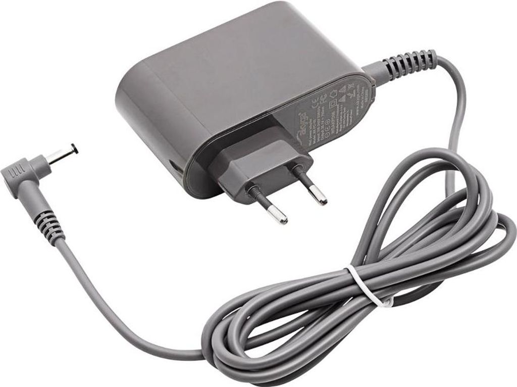 A gray power adapter with a coiled cord and a European plug.
