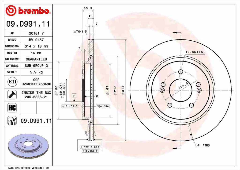 Disque de Frein Brembo 09.D991.11 Ventilé et Traité Anti-Corrosion UV