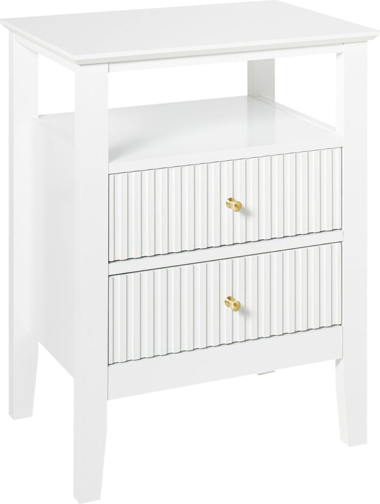 BELIANI Nachttisch Weiß MDF-Platte u. Faserplatte Schmal mit 2 Schubladen Geriffelt Retro Schlafzimmer Nachtkonsole Nachtkommode Schubladenschrank