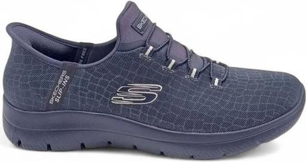 A side view of a single blue Skechers sneaker.