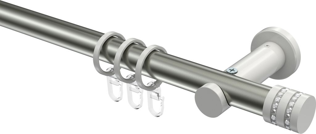 Interdeco Gardinenstange / Vorhangstange Edelstahl-Optik / Weiß, Typ Platon Estana (Glitzerkappe), 20 mm Ø 1-läufig, 140 cm