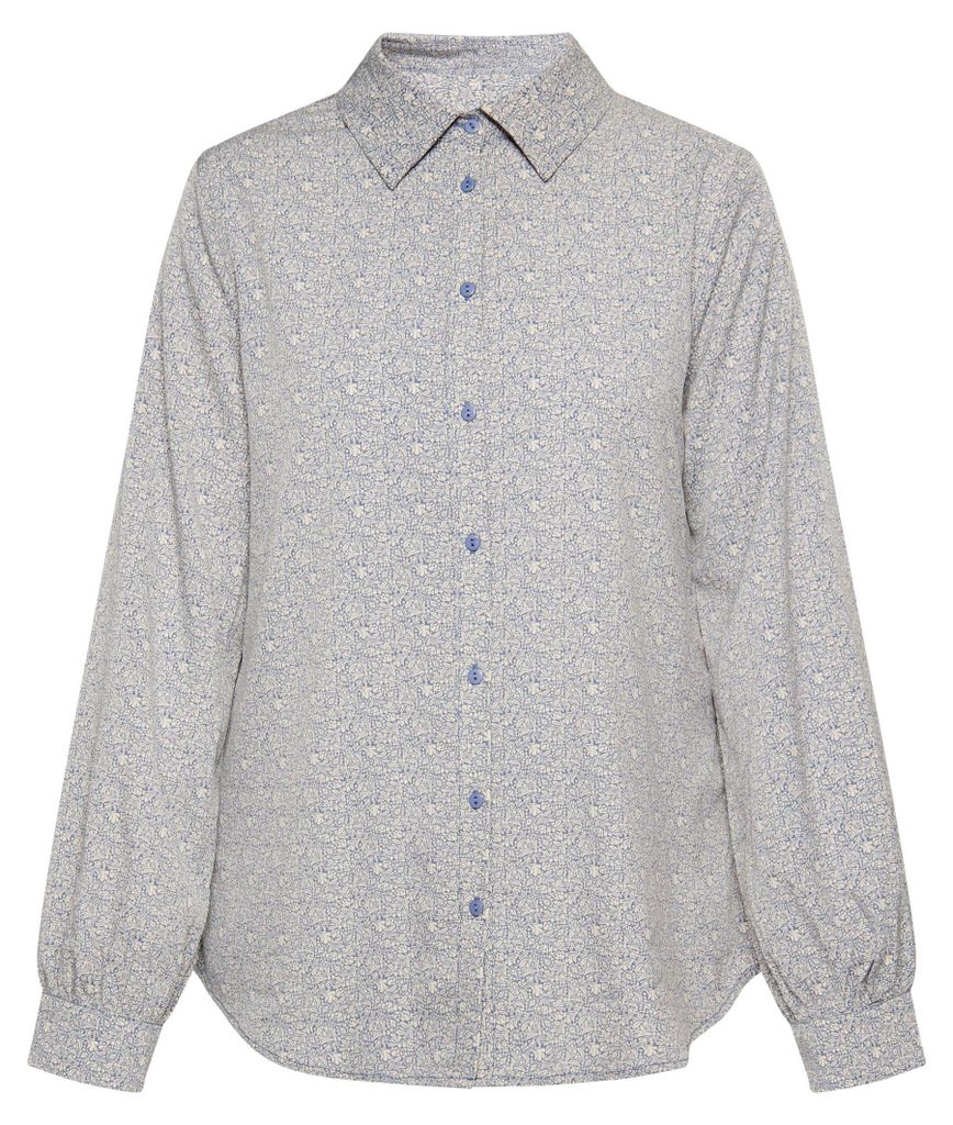 Damen blaue Bluse mit grafischem Allover-Tattooprint und Hemdkragen, Größe L